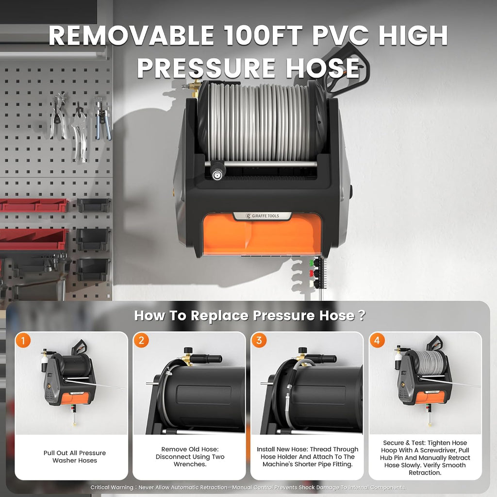 Grandfalls Retractable Wall Mounted Pressure Washer Pro, 3700 PSI, 1.6 GPM Electric Power Washer, Automatic Rewind