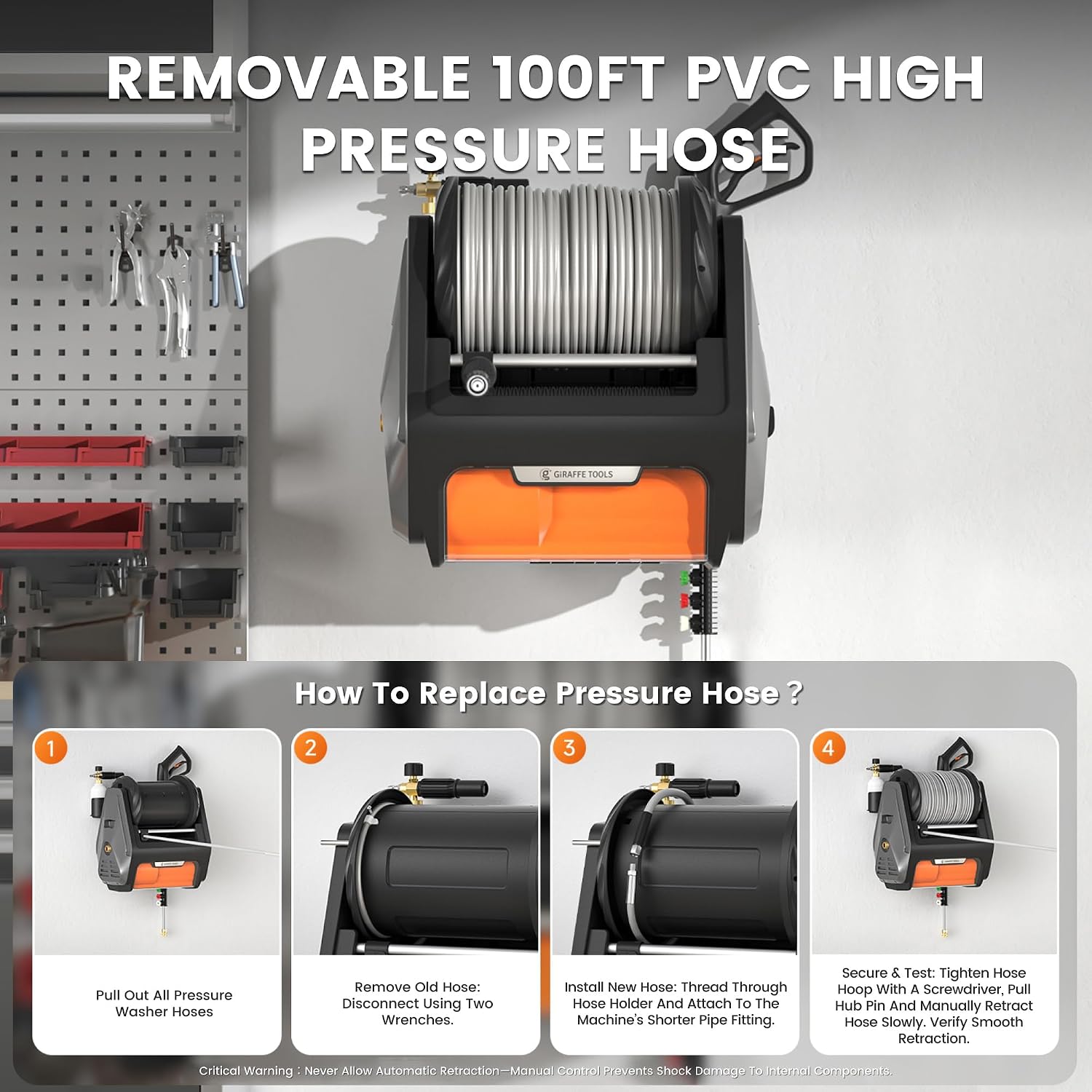 Grandfalls Retractable Wall Mounted Pressure Washer Pro, 3700 PSI, 1.6 GPM Electric Power Washer, Automatic Rewind