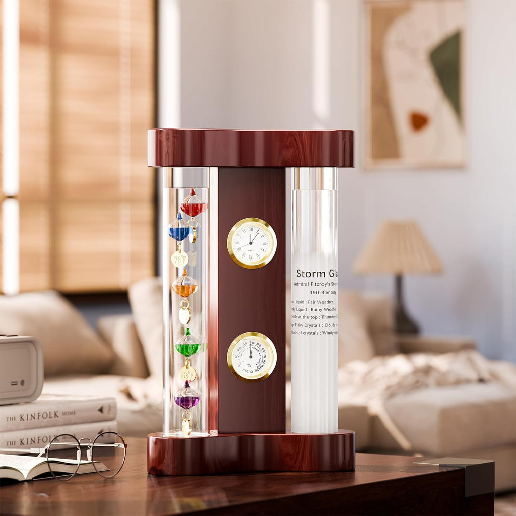 Analog Weather Station with Glass Galileo Thermometer Fitzroy Storm | Precision Quartz Clock and Analog Hygrometer