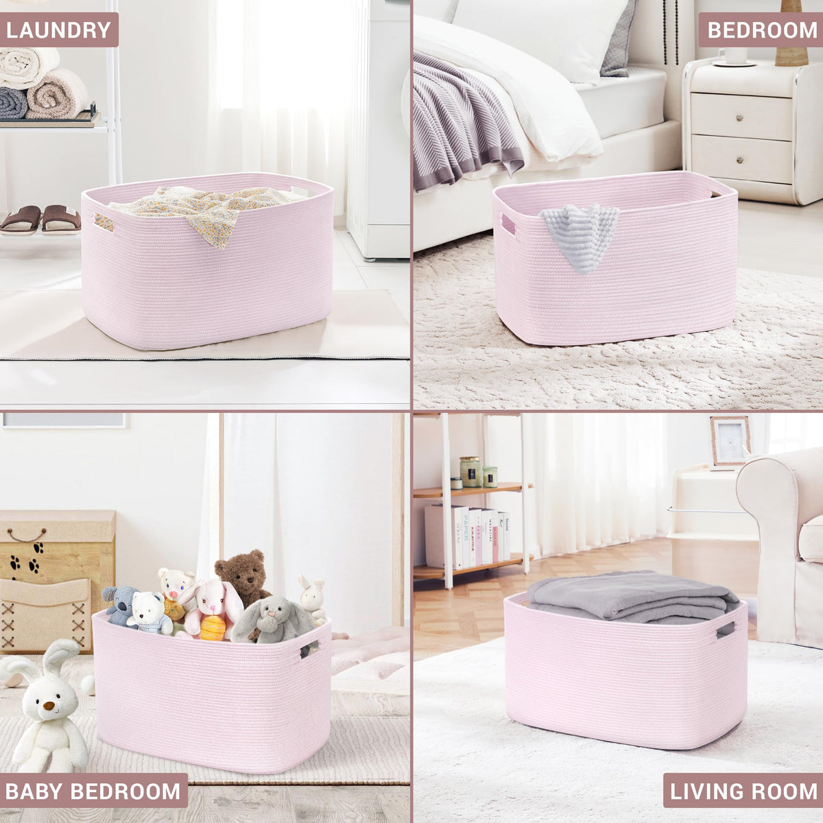 86L Large Woven Laundry Basket Hamper with Handles, Pink