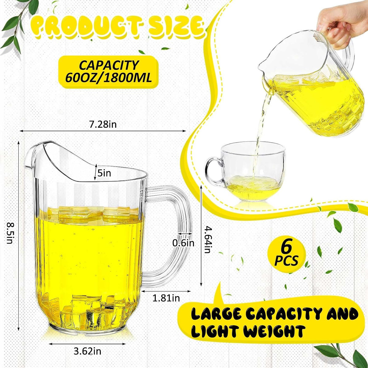 6 Pcs Plastic Water Pitchers, 60 Ounce, Classic