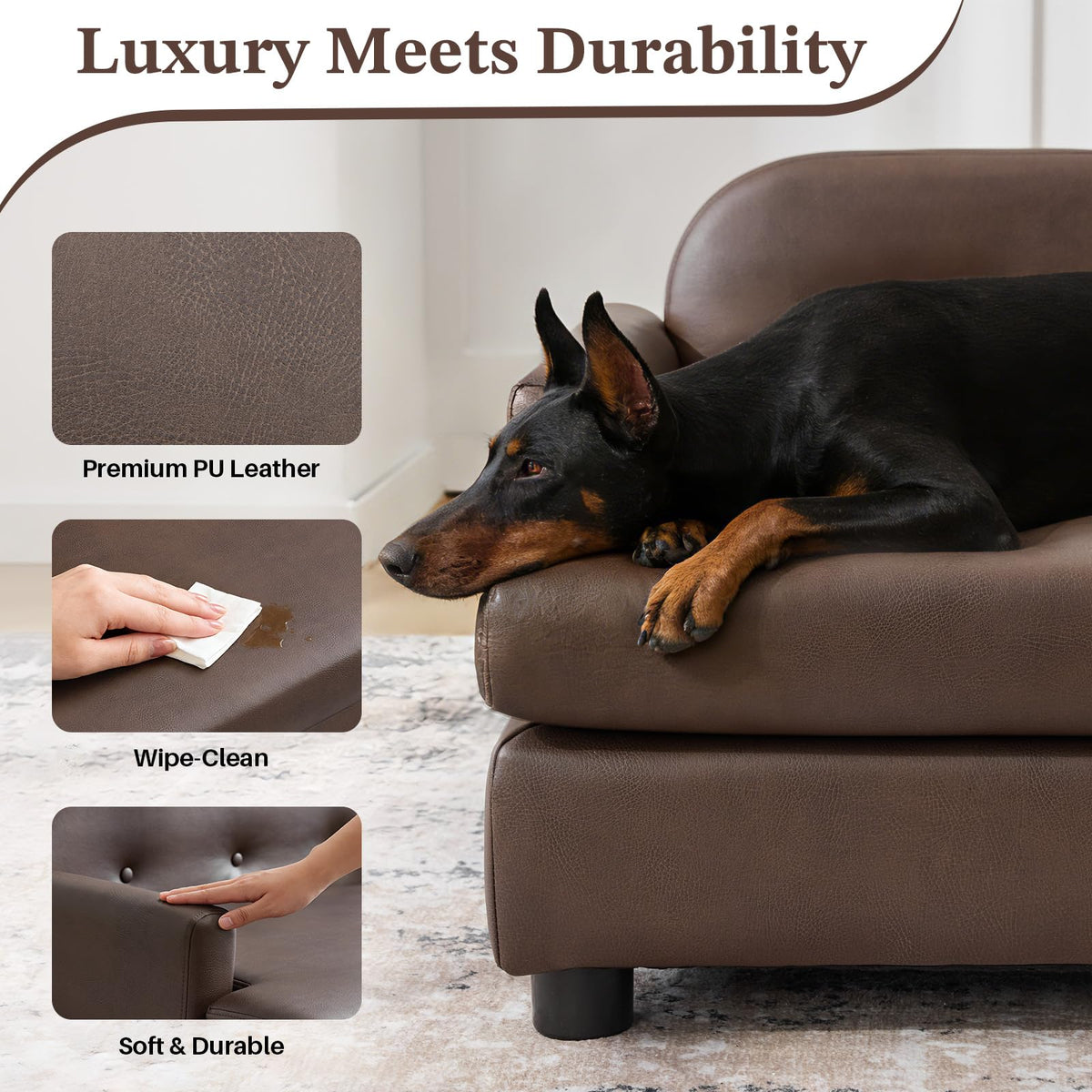 Luxury Dog Sofa Bed Elevated Pet Couch with Durable Waterproof Leather