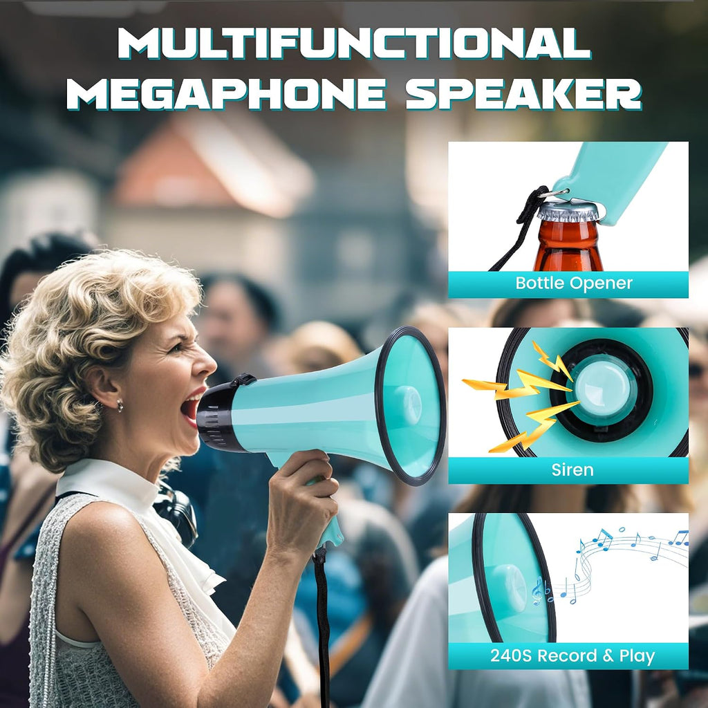 20W Megaphone Bullhorn, Built in Siren & 240s Recording, 5.4"×8.6" Portable Megaphone with Volume Control Cover Up to