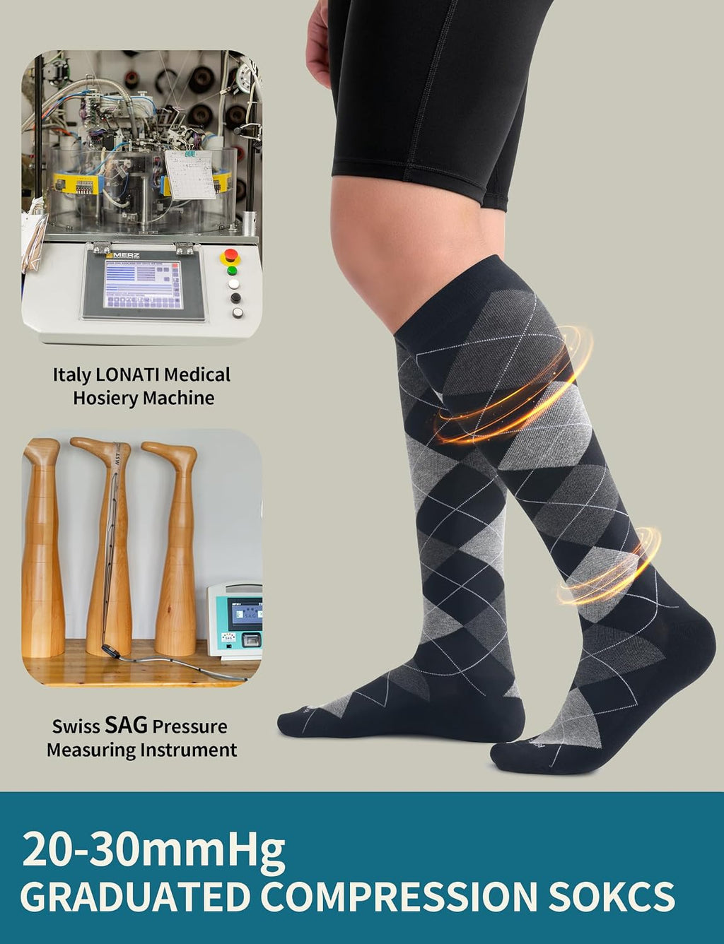 Men's Cotton Compression Socks 20-30 mmHg (3 Pairs) - Knee High Support for Circulation, Travel, Flying, Dress