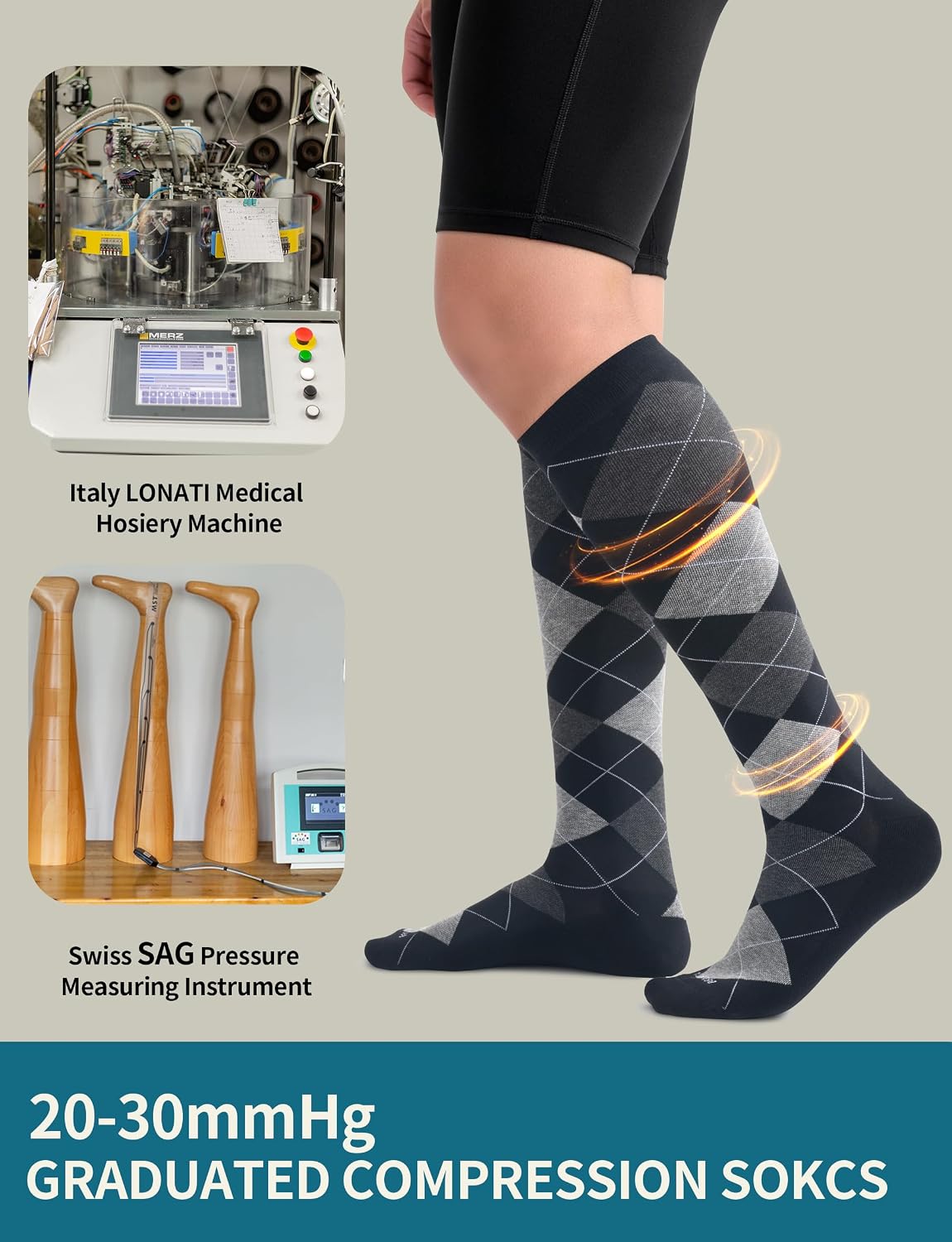 Men's Cotton Compression Socks 20-30 mmHg (3 Pairs) - Knee High Support for Circulation, Travel, Flying, Dress