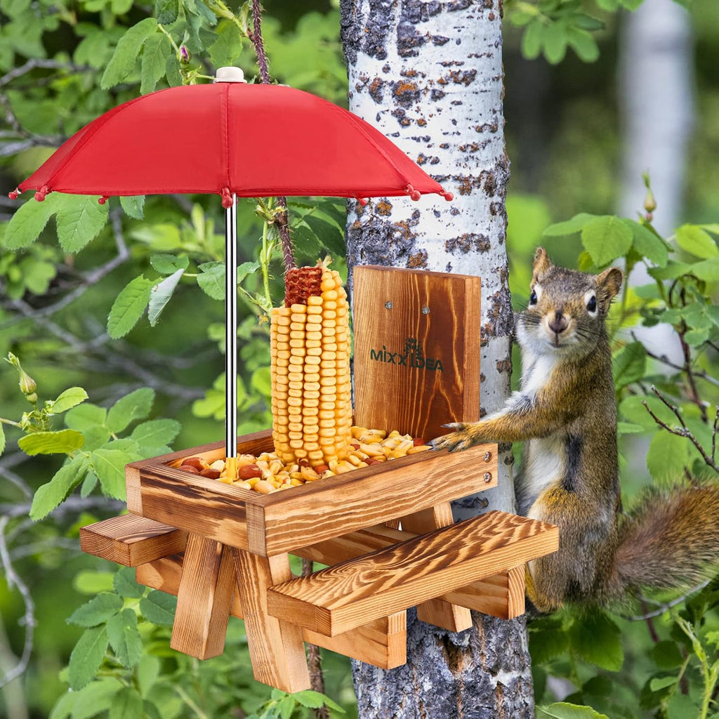 Squirrel Feeder Picnic Table with Tall Umbrella, Wooden Squirrel Feeders for Outside, Cute Chipmunk Feeder with Corn
