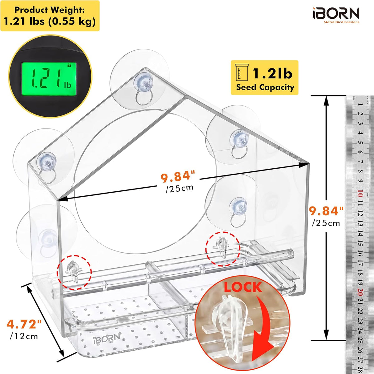 Large Window Bird Feeder w/Wind-Proof Tray Lock, Chew-Resistant PC, 1.2LB