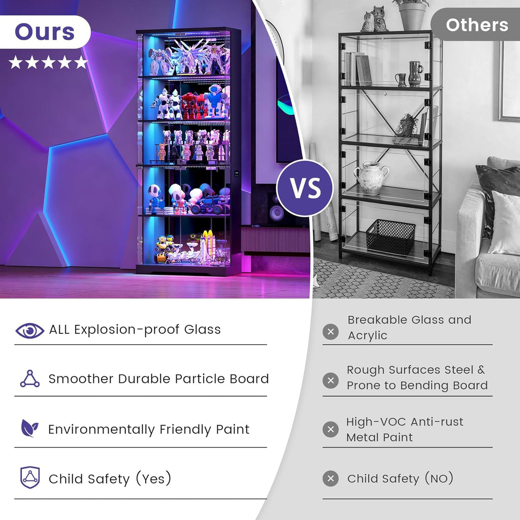 Glass Display Cabinet with Doors and RGB LED Lights | 69" Tall Curio Cabinet, 5-Tier Wooden Shelves, Lockable Display