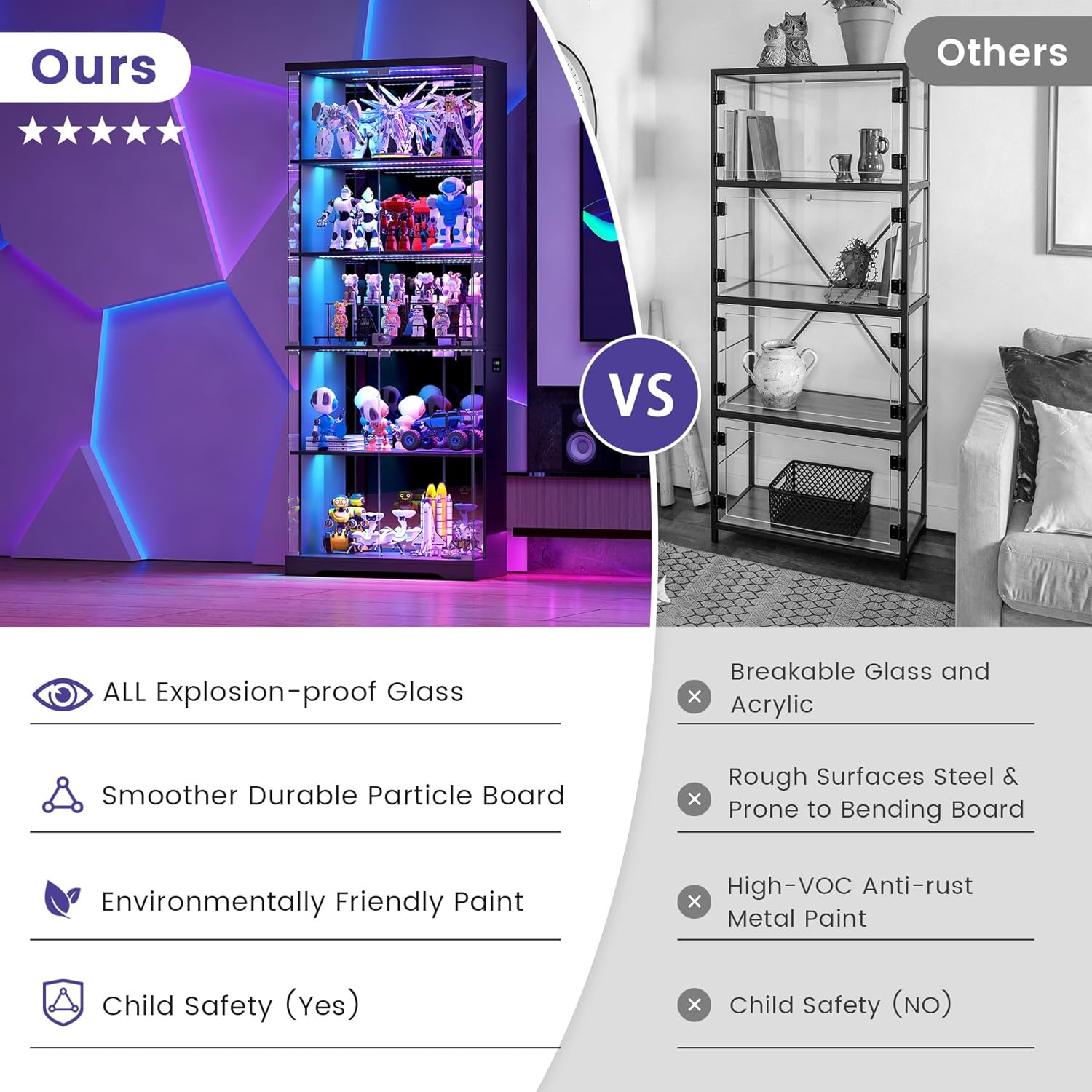 Glass Display Cabinet with Doors and RGB LED Lights | 69" Tall Curio Cabinet, 5-Tier Wooden Shelves, Lockable Display
