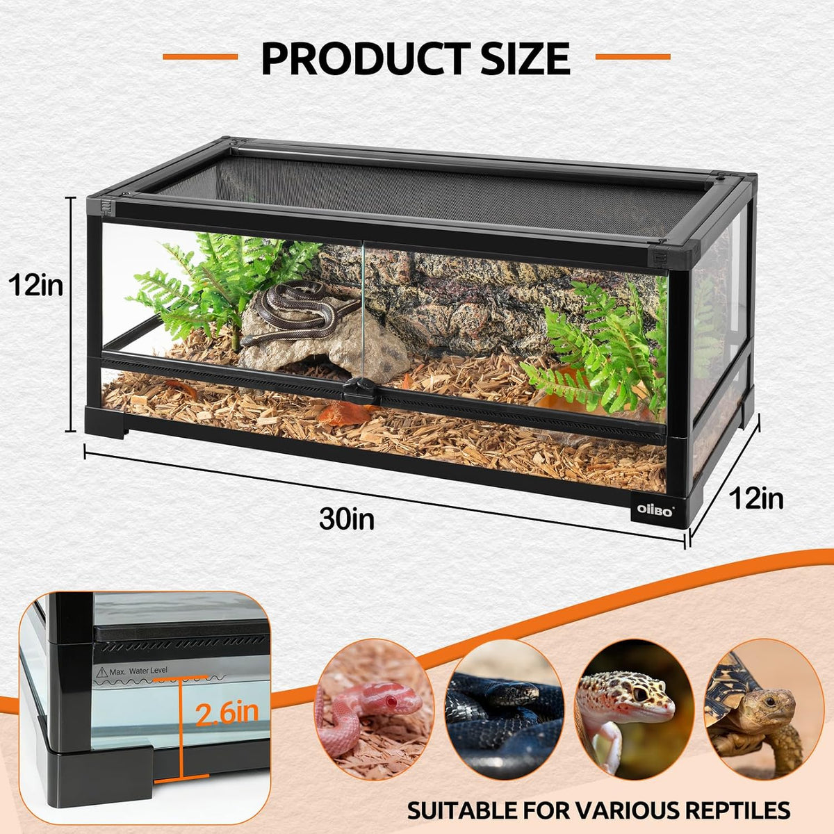 20 Gallon Tempered Glass Reptile Tank, 33" x 15" x 9" Reptile Terrarium with Sliding Door Top Screen Ventilation