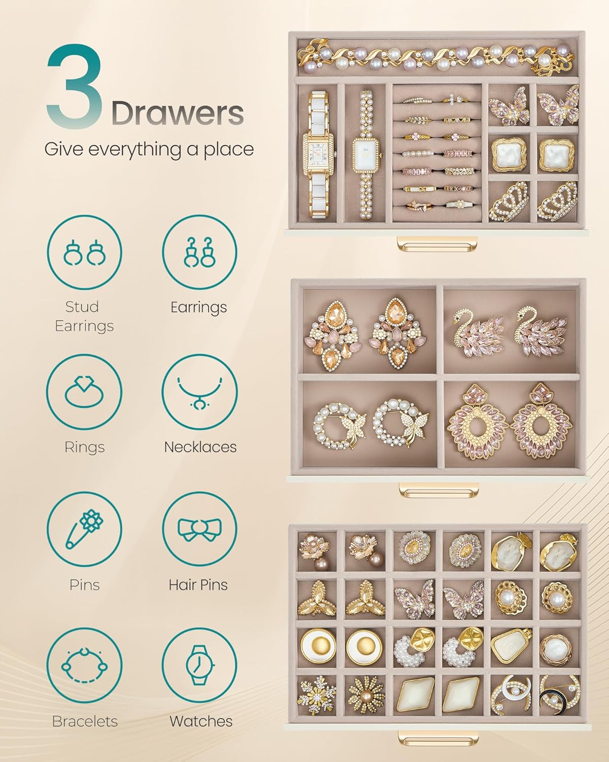 3-Layer Jewelry Box with Glass Window, Jewelry Storage Organizer with 3 Drawers, Golden Handles, for Rings, Earrings