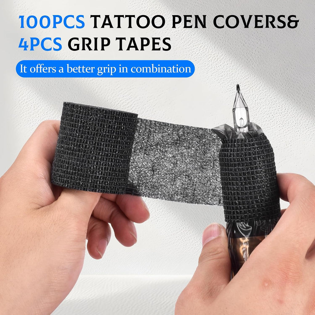 100pcs Tattoo Pen Covers, Sealable Pen Sleeves, with 4pcs Tattoo Grip Wraps Self-Adhesiive Tapes, Extral Large