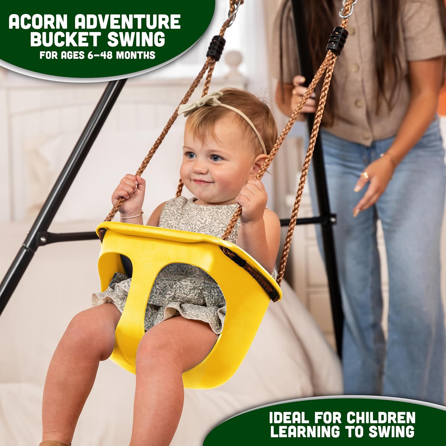 Acorn Adventures Toddler Swing Seat – Baby Bucket Swing for Outdoor Backyard & Porch, Adjustable Ropes, Easy Install