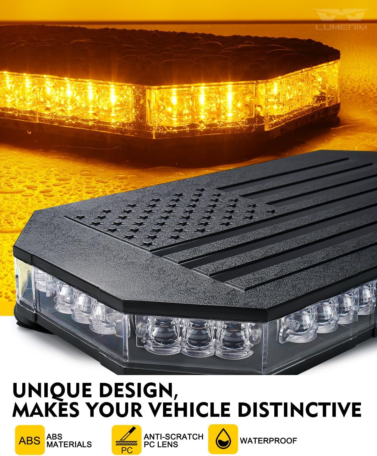 Rooftop Strobe Beacon Light Bar w/Controller, American Flag Pattern | Amber LED Emergency Warning Flashing Lights for