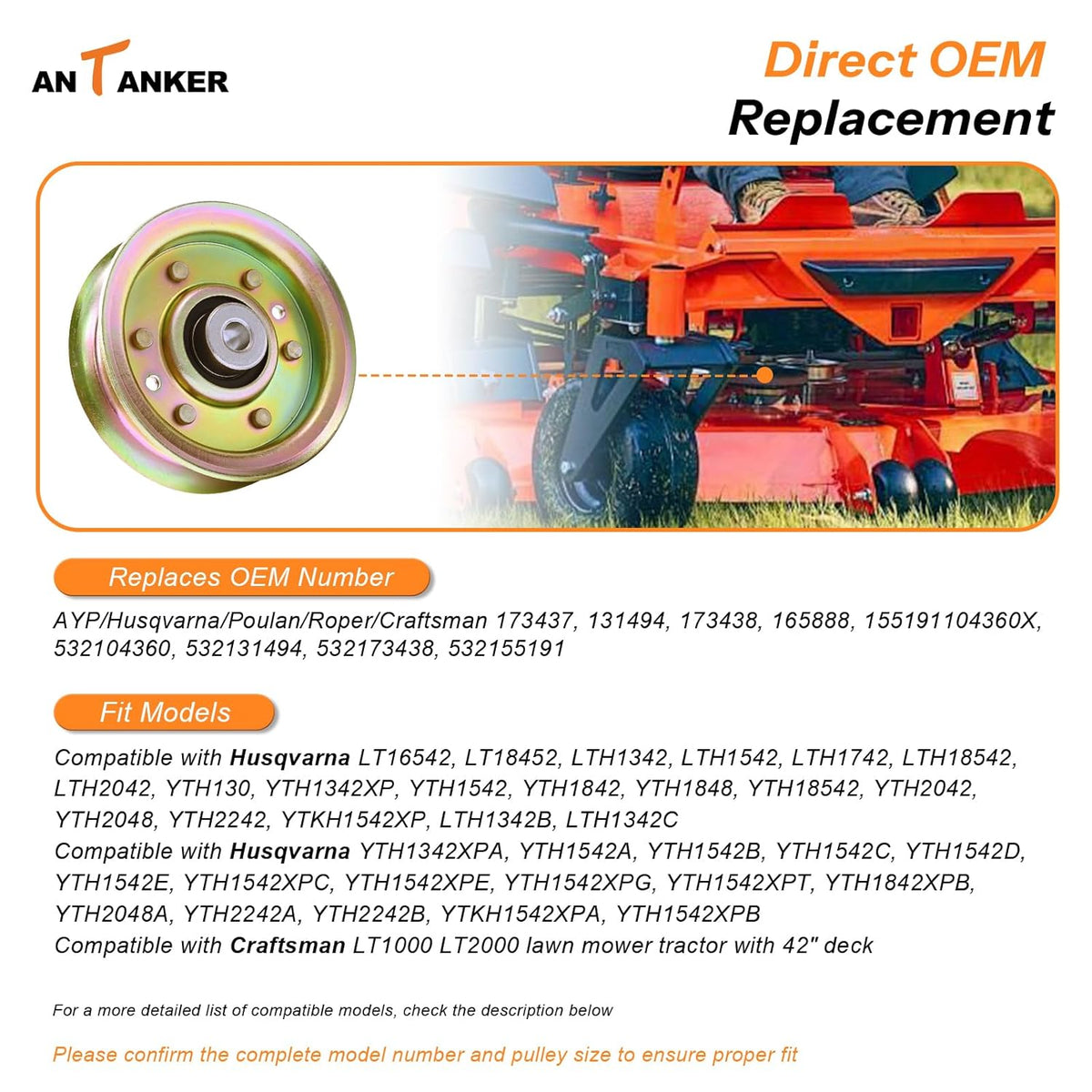 Antanekr 173437 532173437 Flat Idler Pulley for Craftsman Lawn Mower Tractor, Mower Pulley Fits Husqvarna Poulan 42” 44” Deck Replace 131494 532131494 173438 165888 LT16542 LT18452 LTH1342 LTH1542