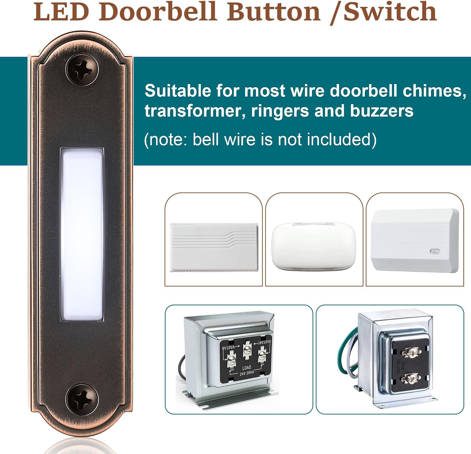 Metal Lighted Doorbell Button, Heavy Duty Metal Wired Door Bell Push Button LED Wall Mounted Doorbell Switch for