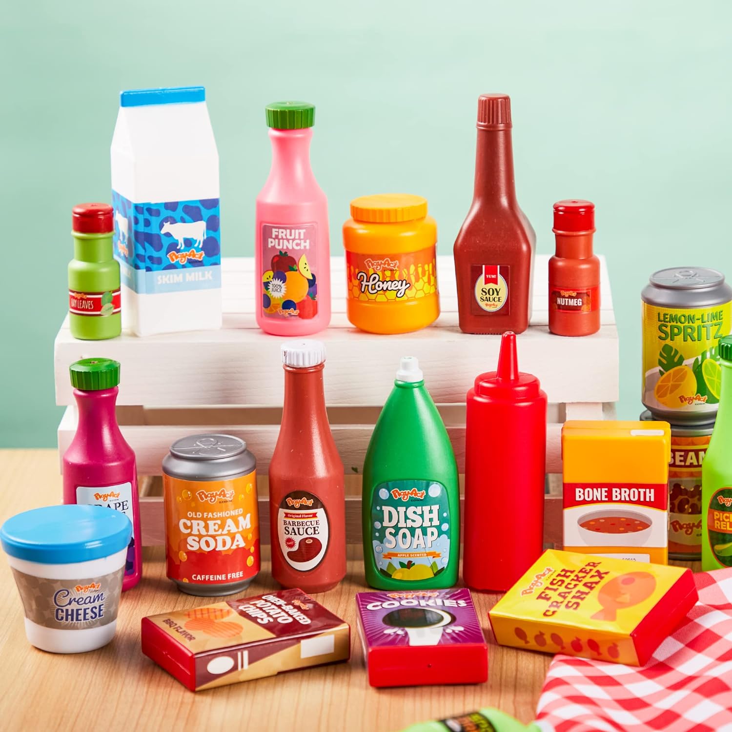 30Pcs Play Food Grocery Cans, Play Kitchen Accessories, Includes Drink, Juice, Jar, Seasoning, Water Bottle, Sauce
