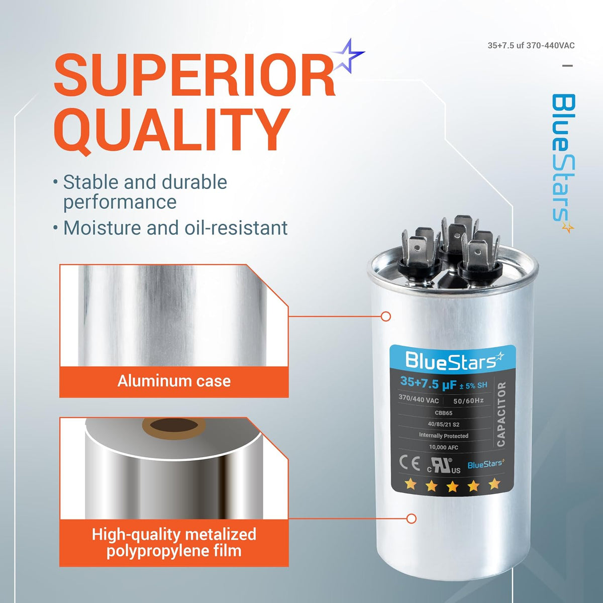 BlueStars 35+7.5 uF MFD 370-440V AC Dual Run Capacitor CBB65B