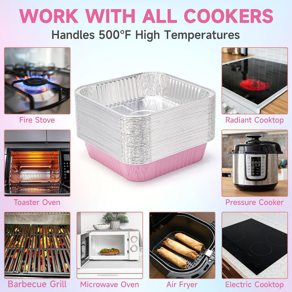 (35 Pack)Pink 8x8 Inch Disposable Aluminum Foil Pans&Square Cake Pans for Parties, Clear Plastic Lids,Eco-Friendly
