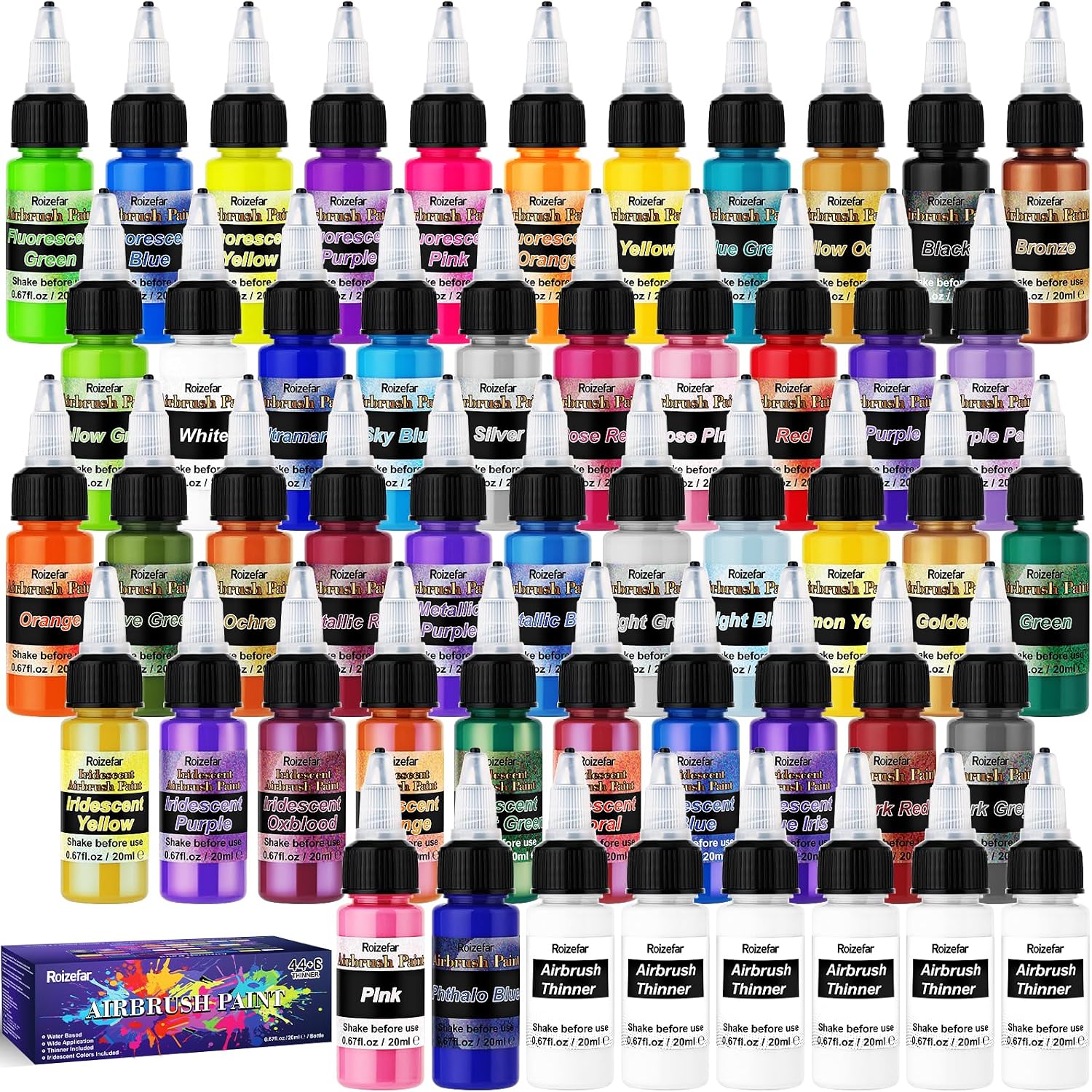 Airbrush Paint, 44 Colors with 6 Thinner for Models & Crafts | Water-Based, Ready to Spray, Acrylic Air Brush Paints