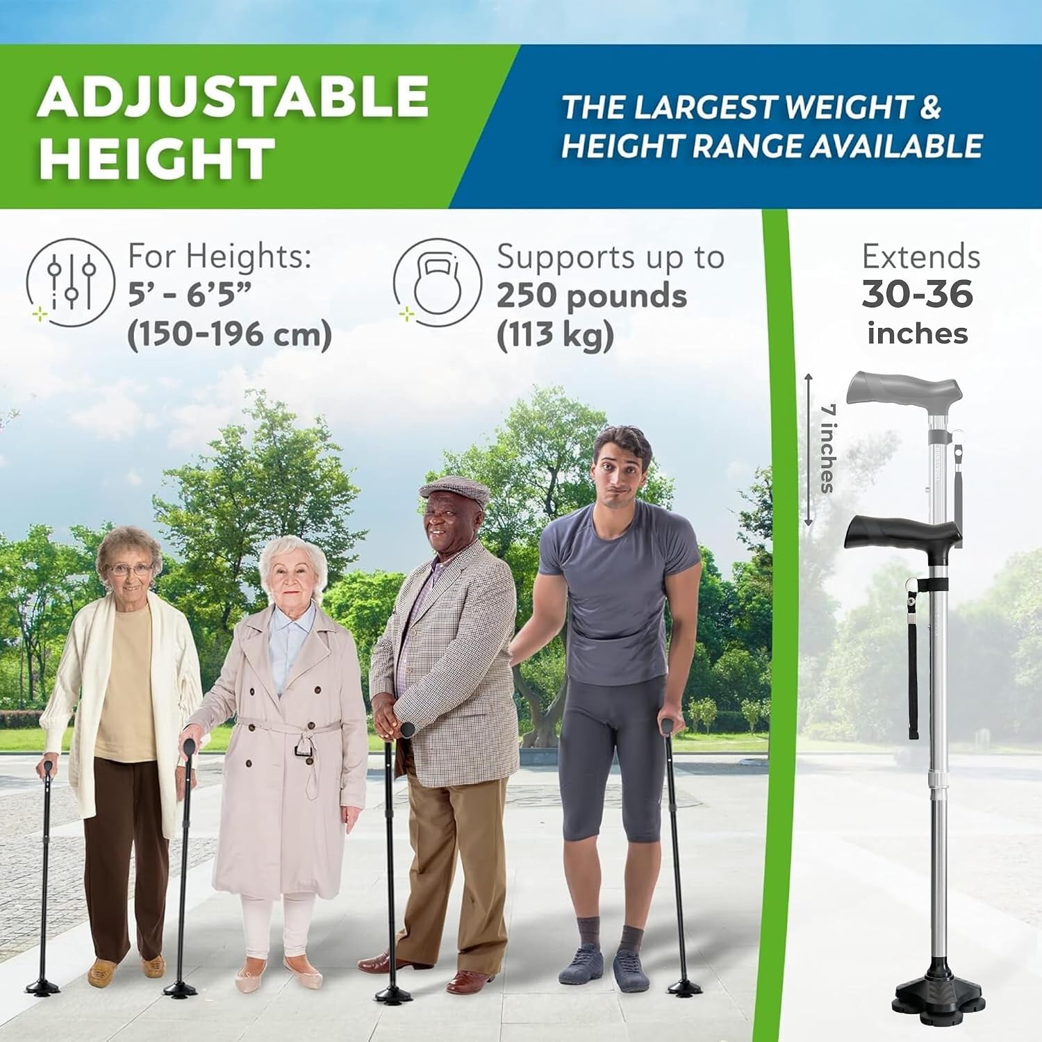 Walking Cane for Men & Women Foldable, Adjustable, Heavy Duty, Free Standing, All Terrain, Collapsible Walking Sticks