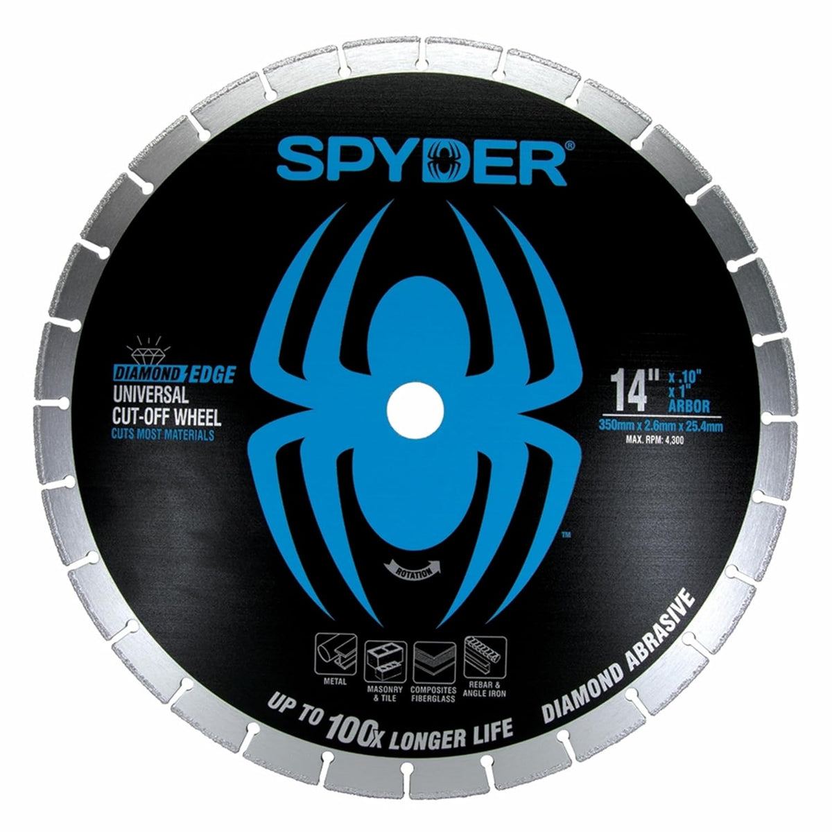 Spyder 14-inch Diamond Bite Cut-Off Wheel for Steel, Cast Iron, Rebar, Stone, Concrete Block, Ceramic Tile, and More, 1-inch Arbor, Shatter-Resistant
