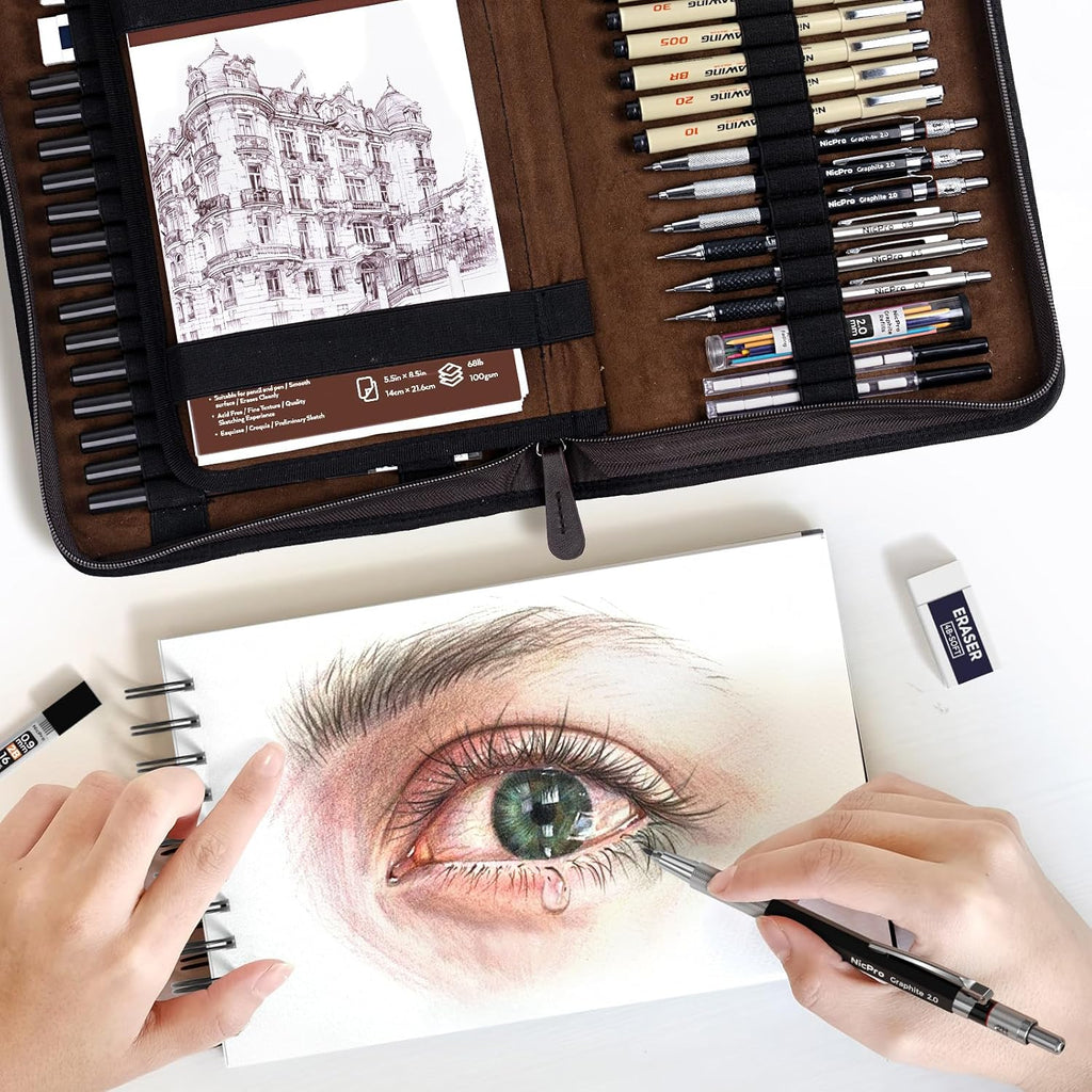 58 PCS Art Drawing Supplies Kit in Leather Case, Art Mechanical Pencil Set with 6 Metal Drafting Pencil 0.5 & 0.7 &