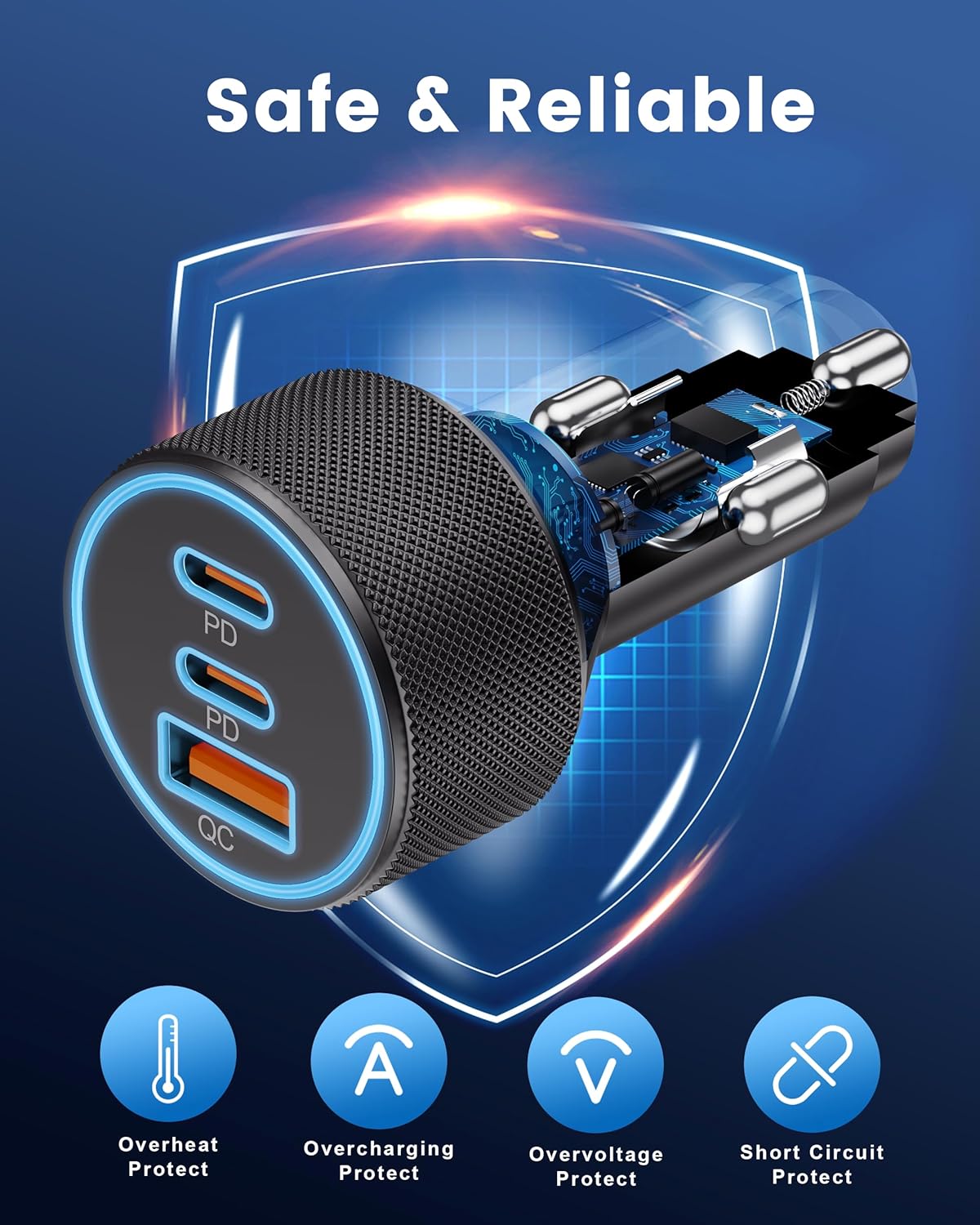 Car Charger USB C, 3-Port 67W Dual USB-C & USB-A Car Phone Charger Accessories Power Adapter Fast Charging Cigarette