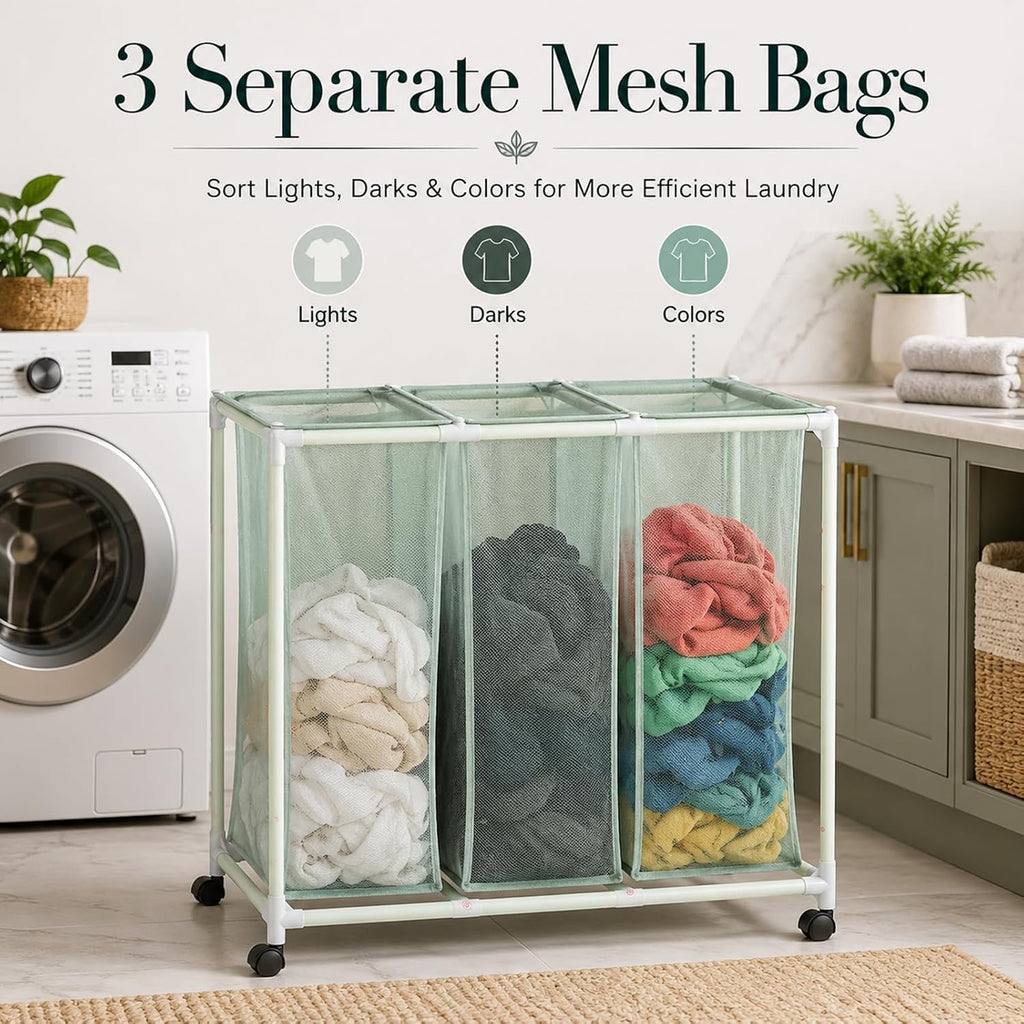 3-Bag Mesh Rolling Laundry Sorter Cart, Soft Silver, Removable Washable Bags, Easy-Roll Casters, Rust-Resistant PVC