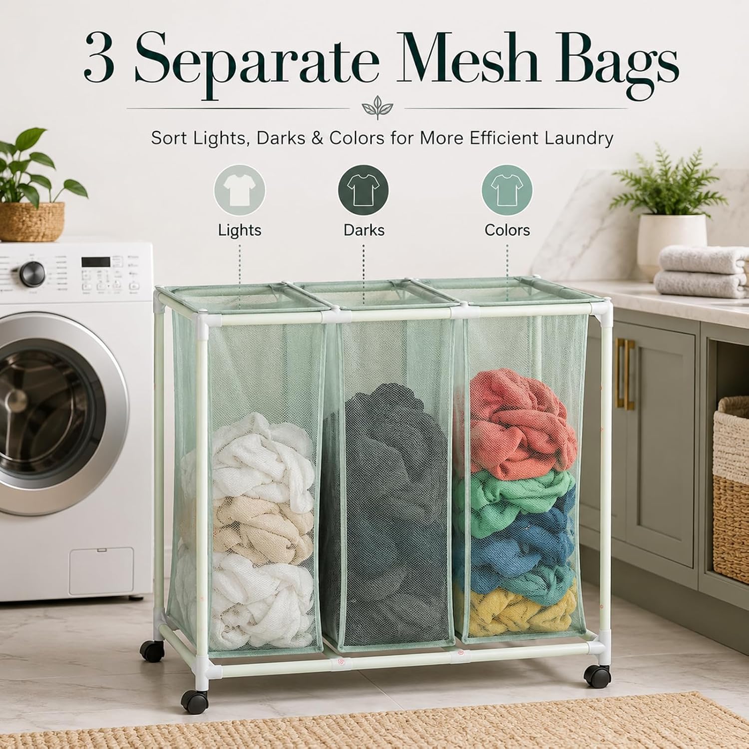 3-Bag Mesh Rolling Laundry Sorter Cart, Soft Silver, Removable Washable Bags, Easy-Roll Casters, Rust-Resistant PVC