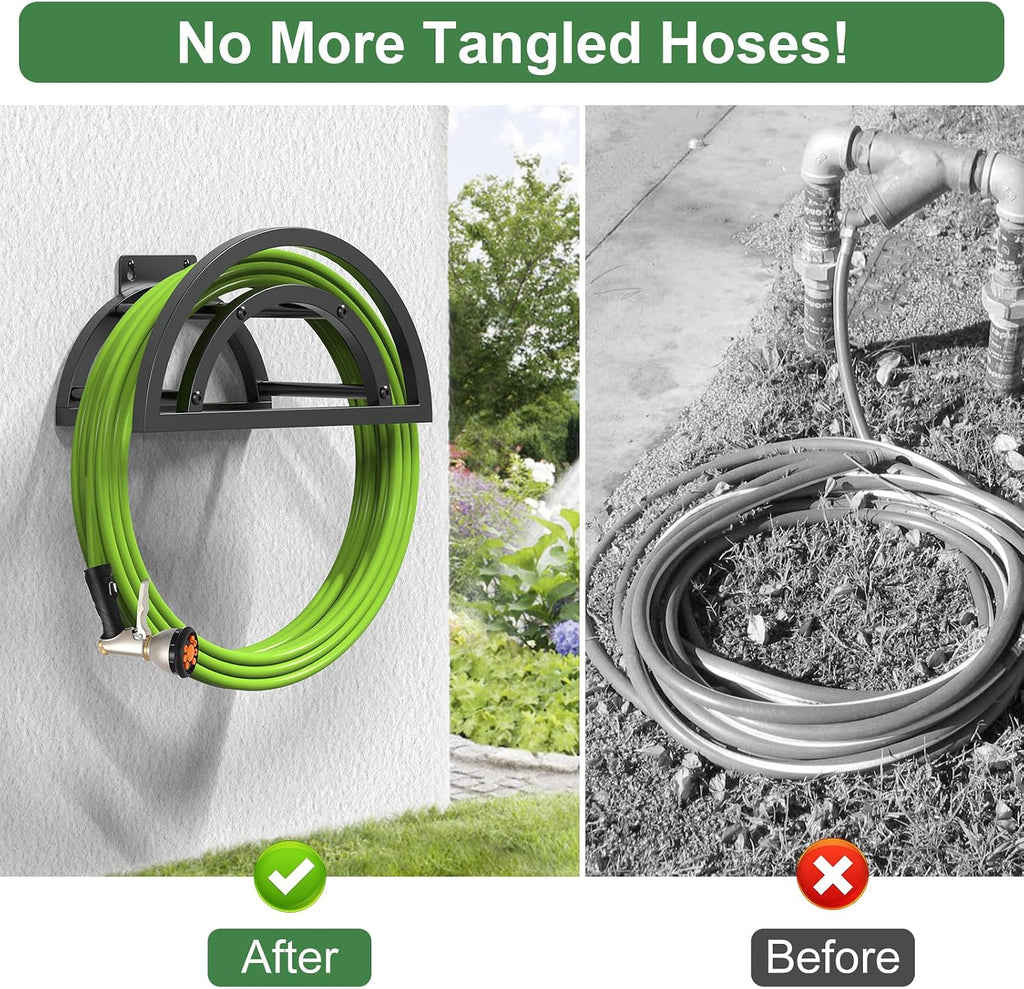 Hose Holder Wall Mount, Outdoor Water Hose Holder Holds 125-ft Hose, Heavy Duty Metal Detachable Hose Hanger Reel