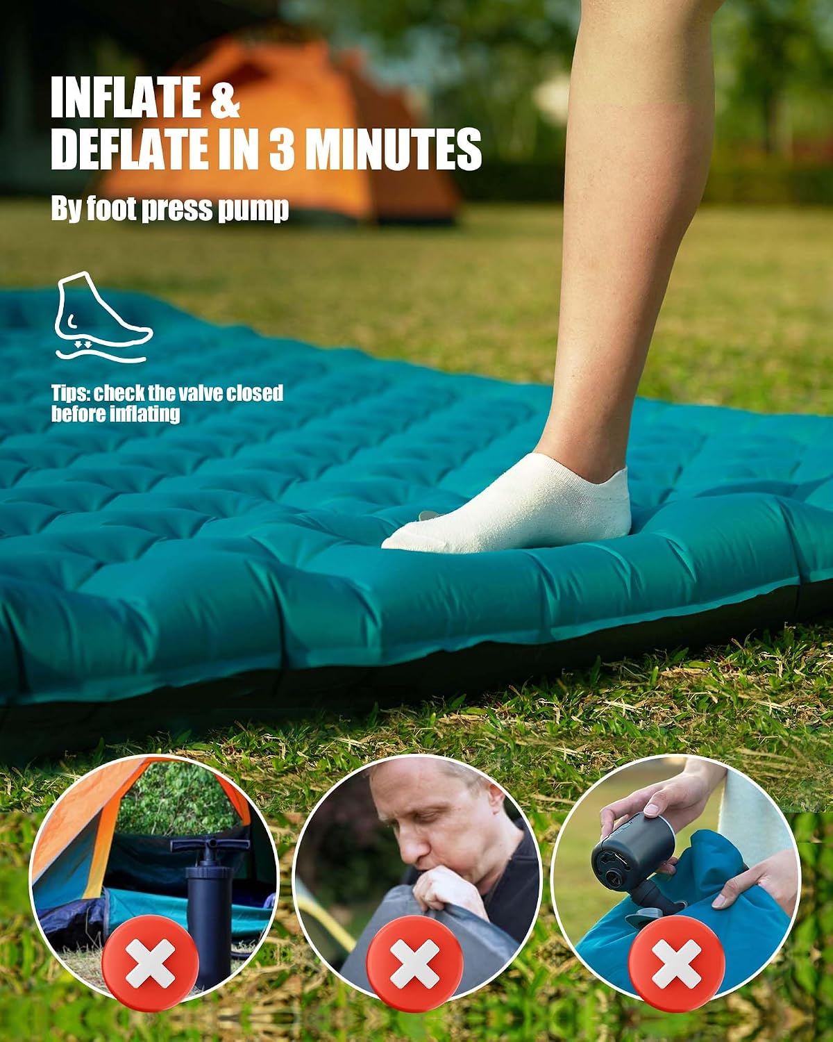 Sleeping Pad Camping Inflatable: Extra Thickness Double Persons Self Inflating Mat with Built-in Foot Pump