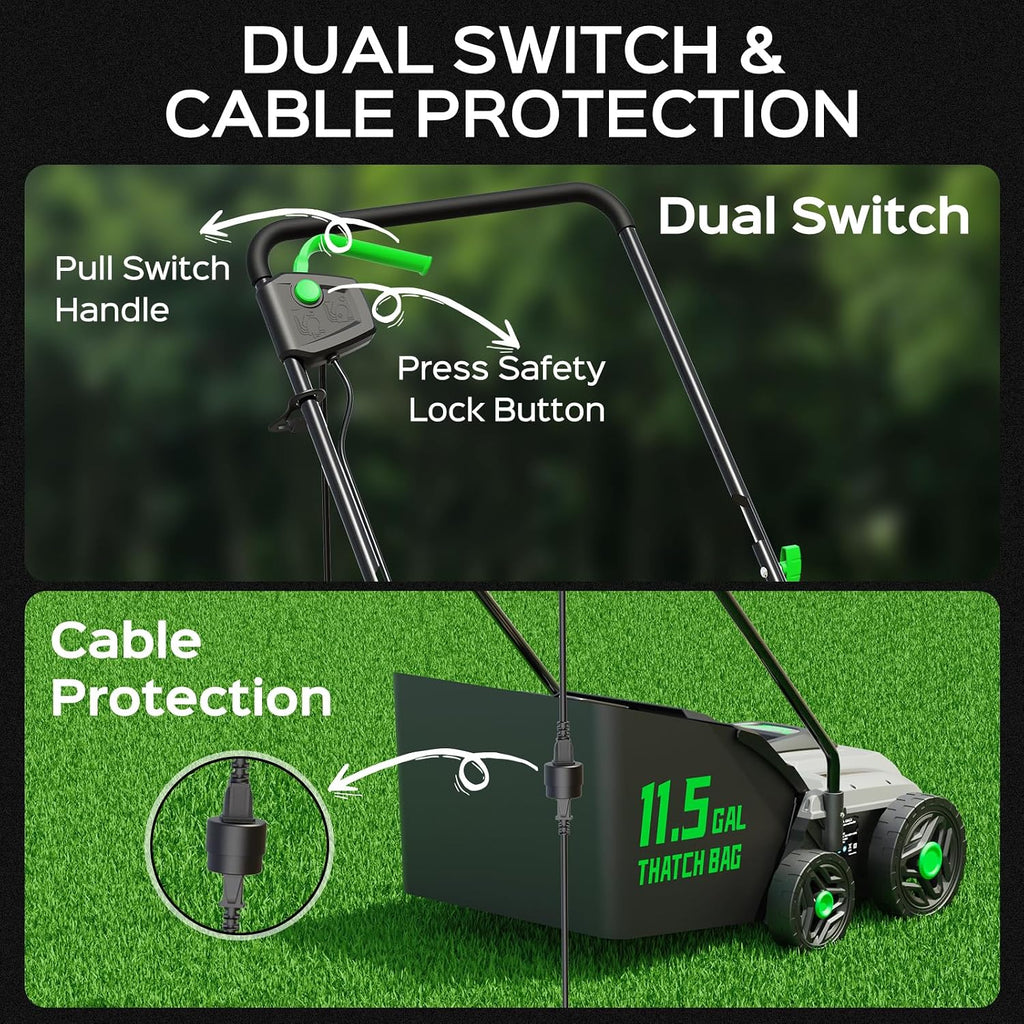 14-Inch 13.5 Amp 2-in-1 Electric Dethatcher and Scarifier with 11.5-Gallon Collection Bag, Lawn Dethatcher with