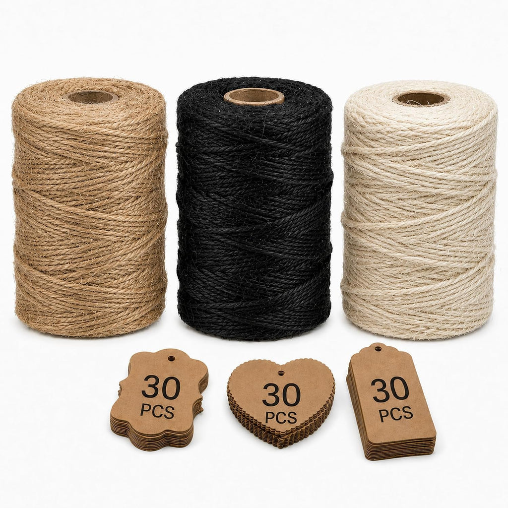 Natural Jute Twine String, 3 Rolls 984 Ft 2mm with 90 Gift Tags Set