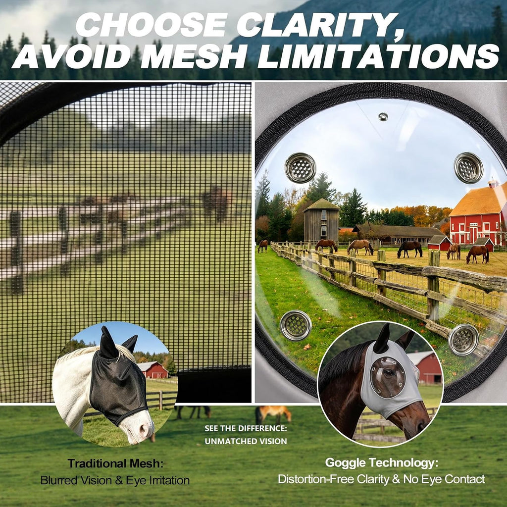 Horse Fly Mask with Ears - Ice Silk Cooling Fabric for Summer, Upgraded Anti-Fog & UV Blocking Ski-Grade Eye Mesh
