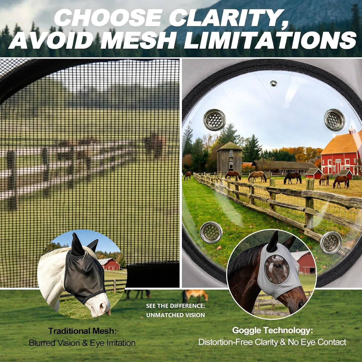 Horse Fly Mask with Ears - Ice Silk Cooling Fabric for Summer, Upgraded Anti-Fog & UV Blocking Ski-Grade Eye Mesh