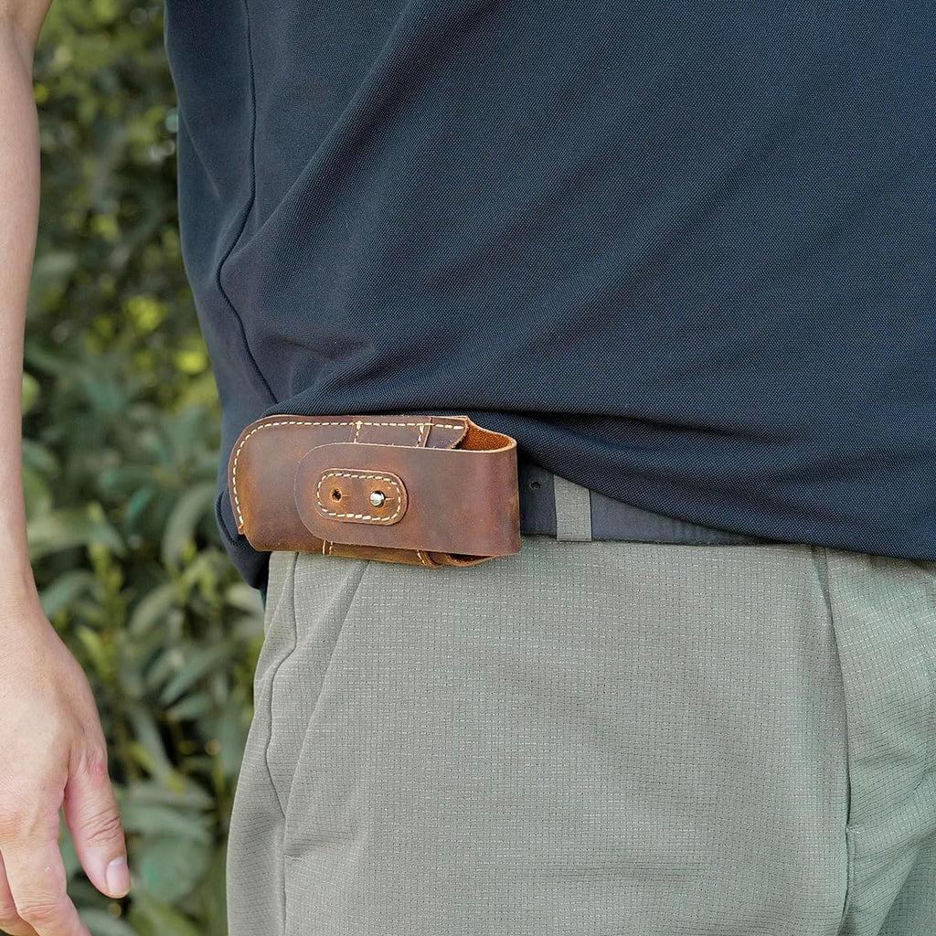 Leather Pocket Knife Sheath - Belt Loop EDC Belt Organizer - Horizontal Carry Knife Holder- Multitool Sheath with Two