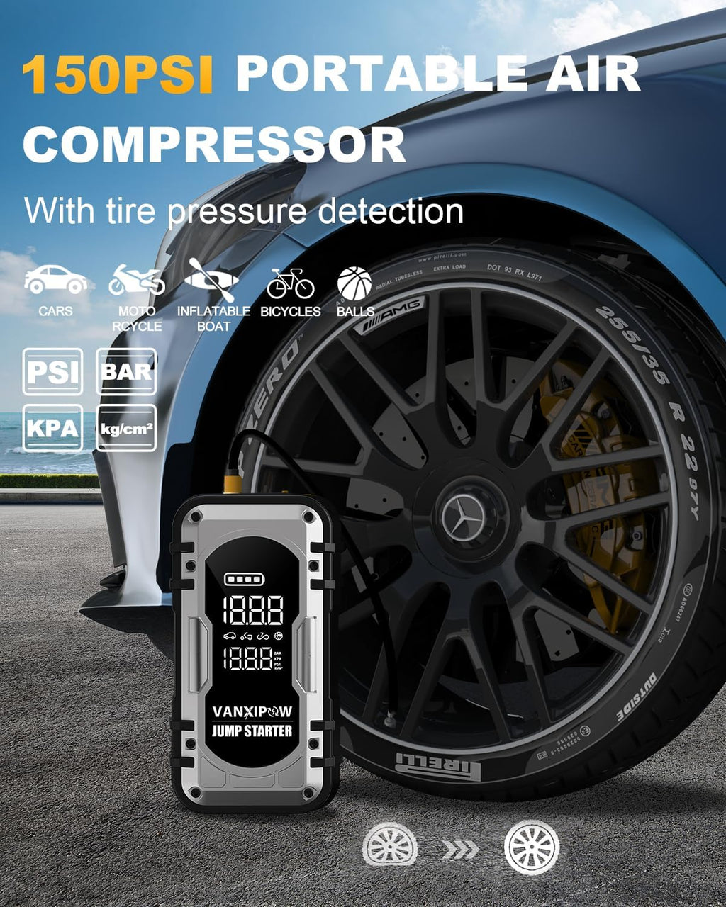 8000A Portable Car Battery Jump Starter with Air Compressor, 150PSI (9.0 L Gas/8.0L Diesel), 12V Jump Box Car Battery