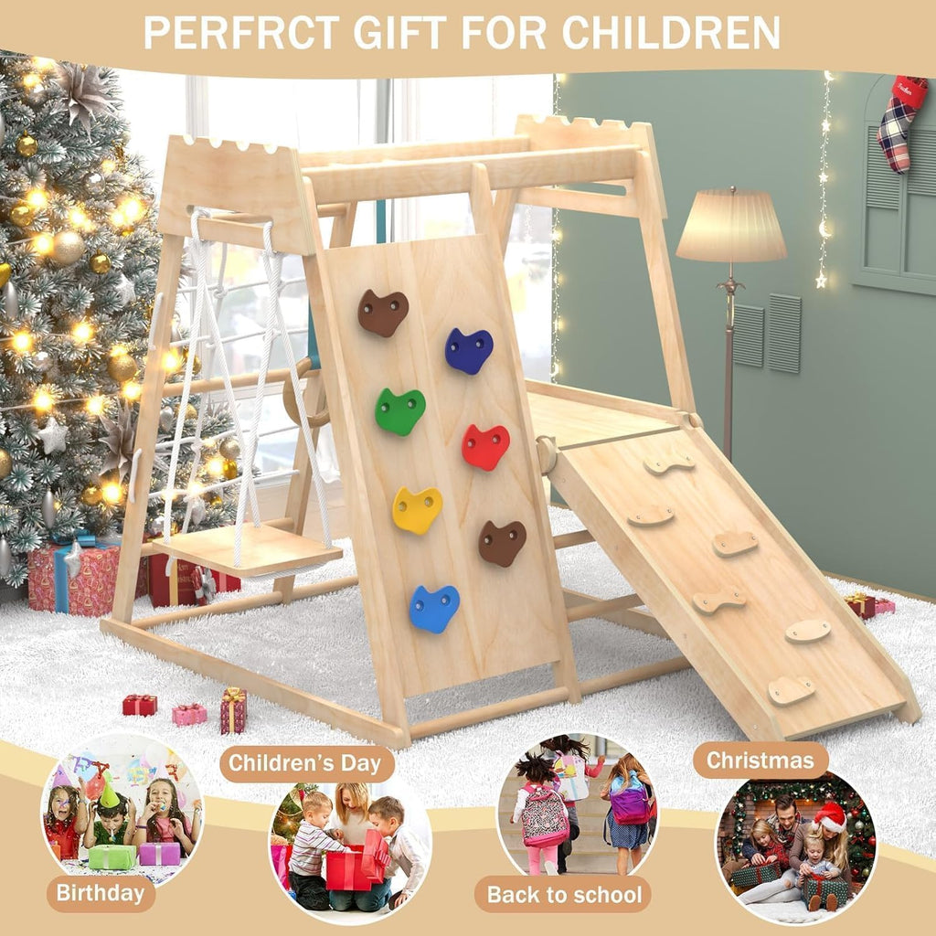 8-in-1 Indoor Playground, Indoor Jungle Gym for Toddlers, Kids Climbing Toys Indoor, Wooden Montessori Climber