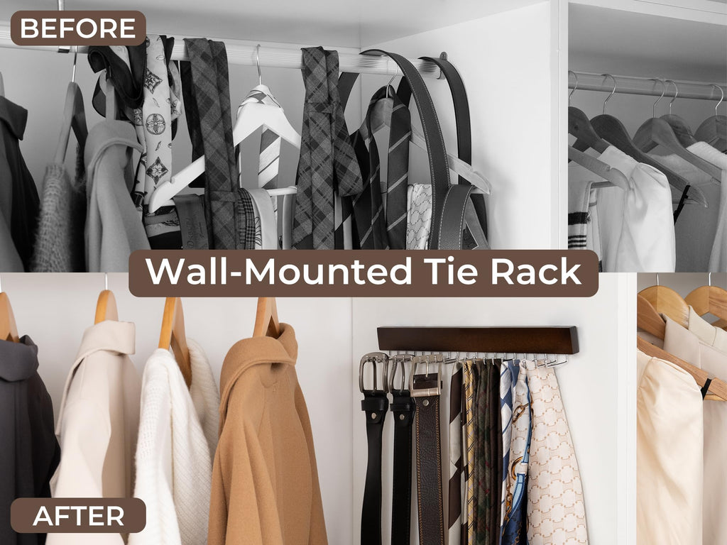 Tie Rack with 20 Hooks, 2 Set Wall Mounted Wood Hanger, Walunt