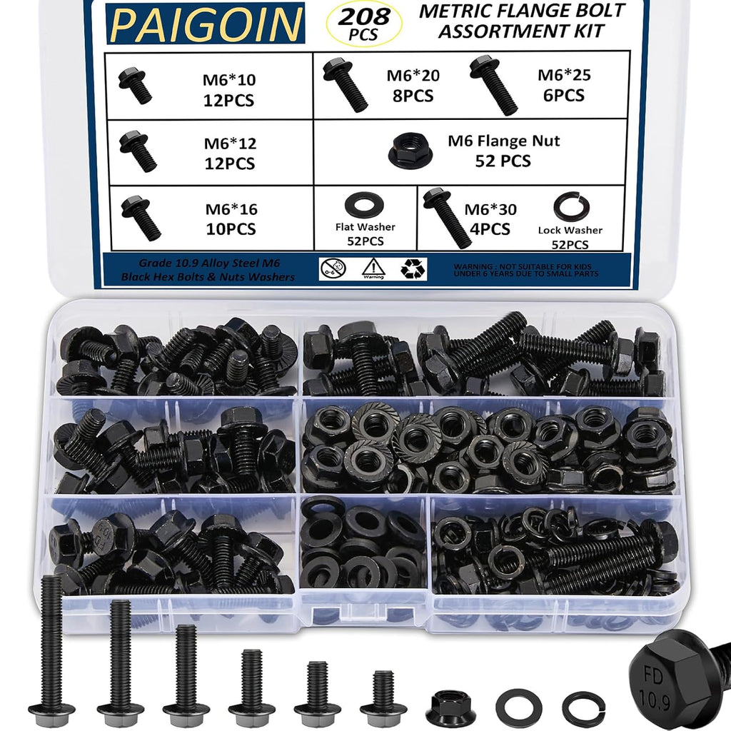 208PCS M6x1.0 Metric Flange Bolt Assortment Kit, 10.9 Black Zinc
