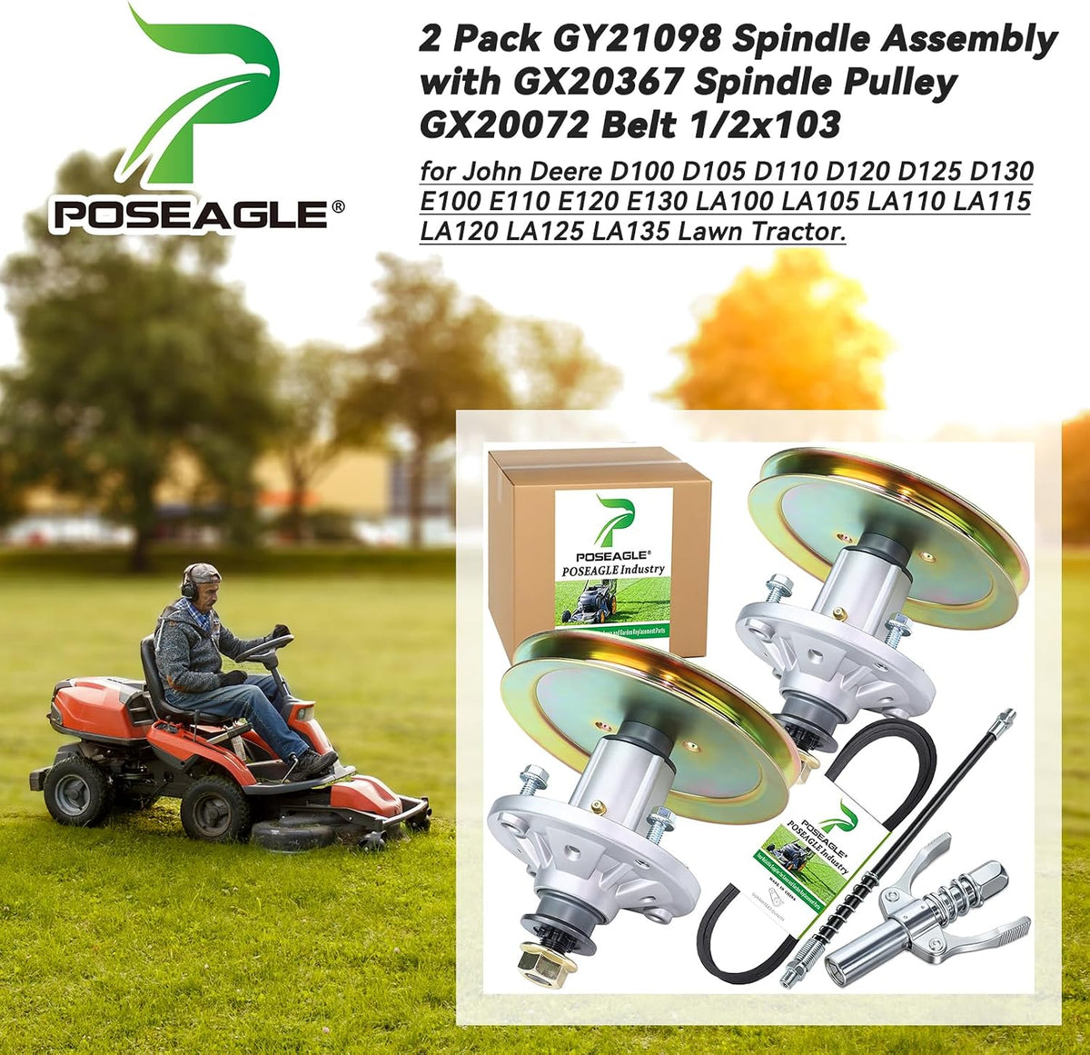 2 Pcs GY21098 Spindle Assembly for John Deere D105 D110 D130 Decks