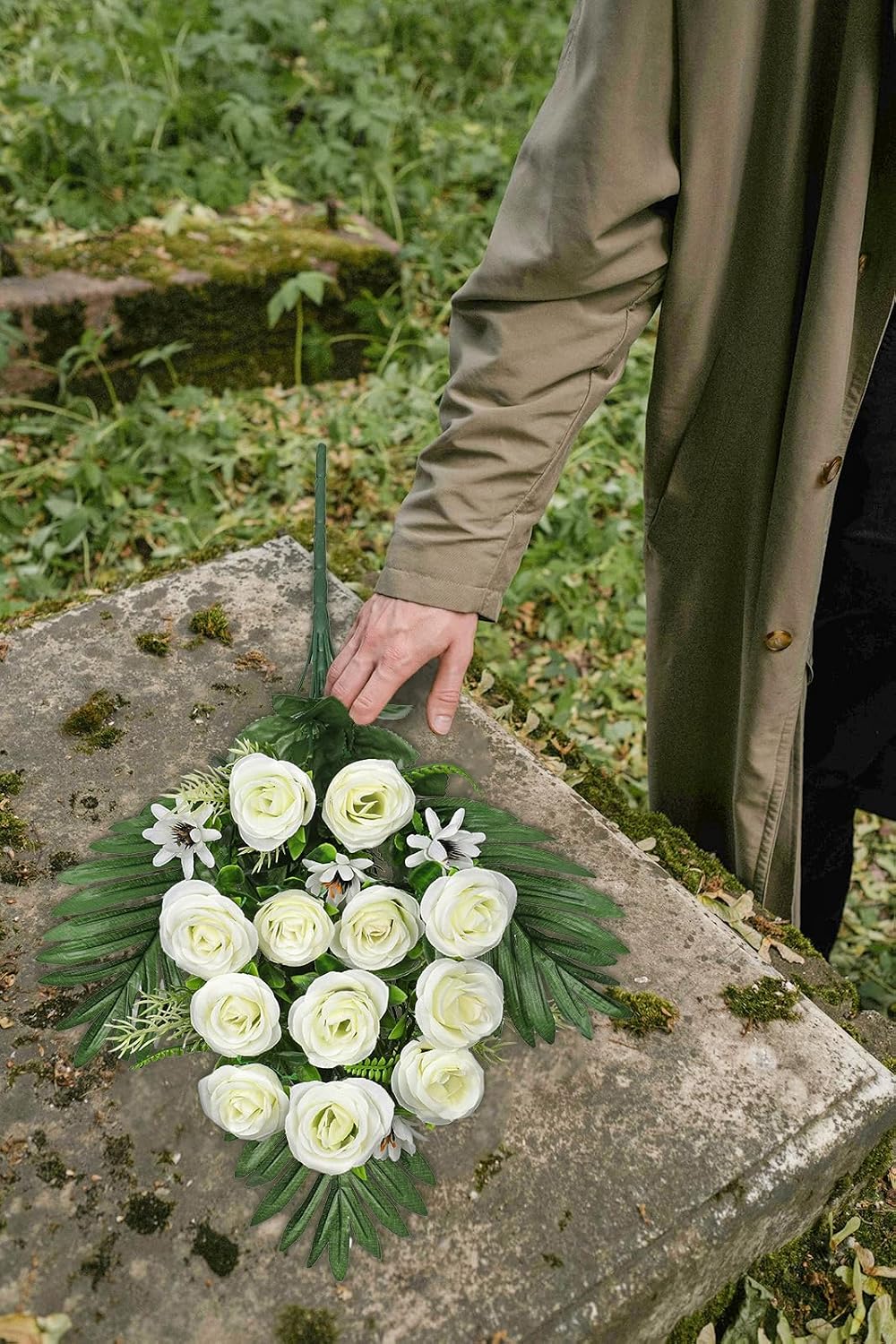 Artificial Cemetery Flowers for Grave, Set of 2 Silk White Faux Rose Bouquet Flowers Outdoor Graveyard Memorial