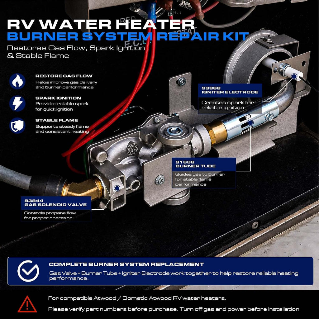 RV Water Heater Burner System Repair Kit for Atwood 93844 Solenoid Gas Control Valve, 91638 Main Burner Tube, 93868 Igniter - Compatible with 6/10 Gallon Tanks, GC10A-4E, G6A-8E/G6A-6E/G6A-4E, G10-3E