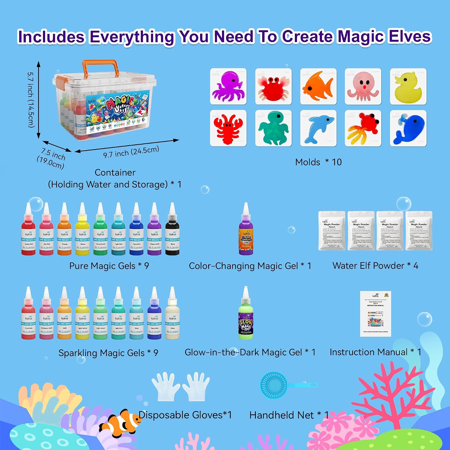 Magic Water Elf Toy Kit,Squishies for Kids, DIY Sensory Craft Kit | 20 Gels & 10 Molds, Glow in the Dark & Color