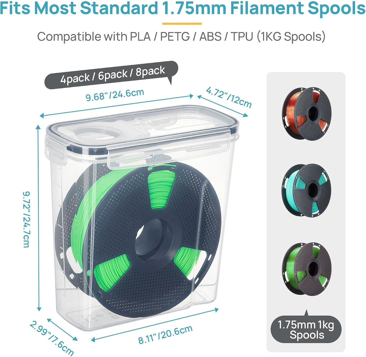 Filament Storage Box, 4 Pack, Clear, for 1KG Spools | Desiccant, Labels & Marker, Waterproof, 1KG Spools, Dust-Proof