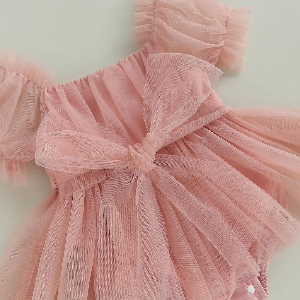 Baby Girl Tulle Dress Romper Sleeveless Onesie Knot Front Pleated Bodysuit Newborn Mesh Princess Outfits