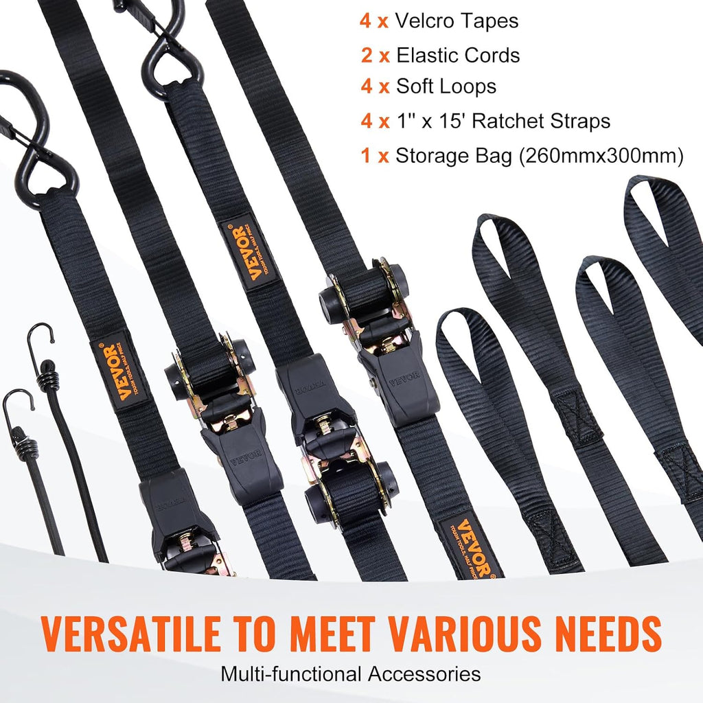 Ratchet Tie Down Straps (4PK), 2200 lb Break Strength, 1" x 15' Heavy Duty Ratchet Tie Down Strap Set with Padded
