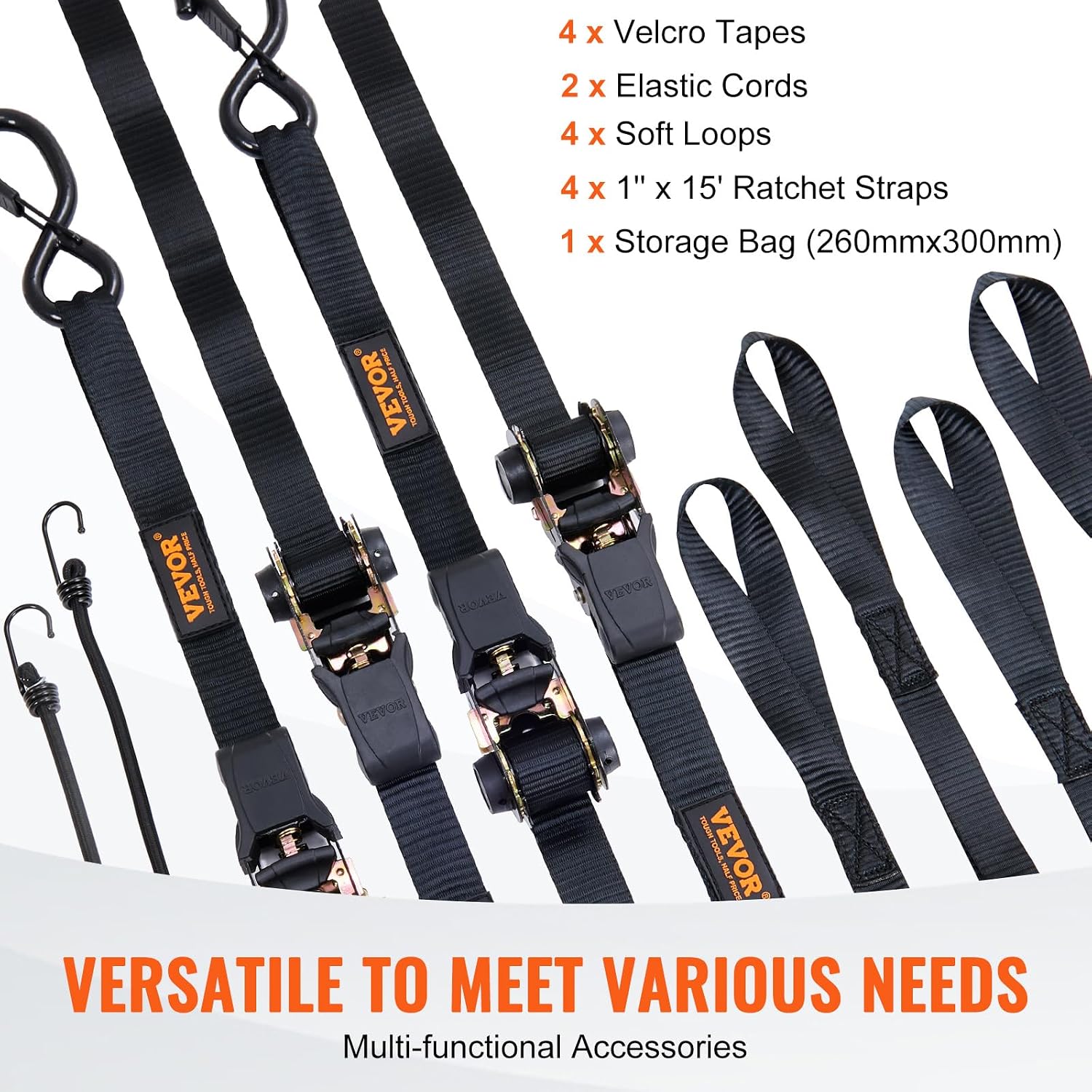 Ratchet Tie Down Straps (4PK), 2200 lb Break Strength, 1" x 15' Heavy Duty Ratchet Tie Down Strap Set with Padded