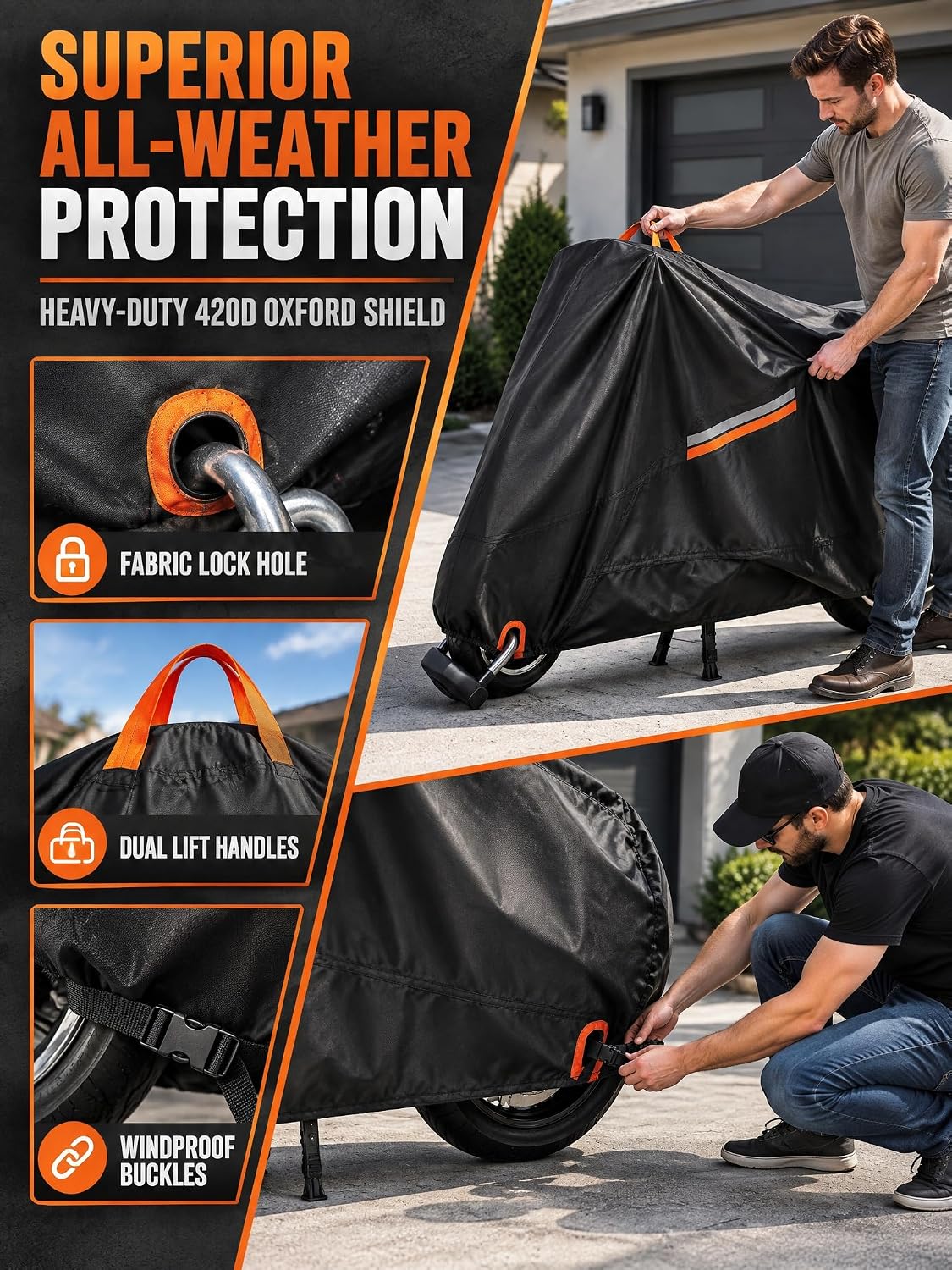 Heavy Duty Motorcycle Cover Waterproof,420DHigh Density Oxford,Nano Coating